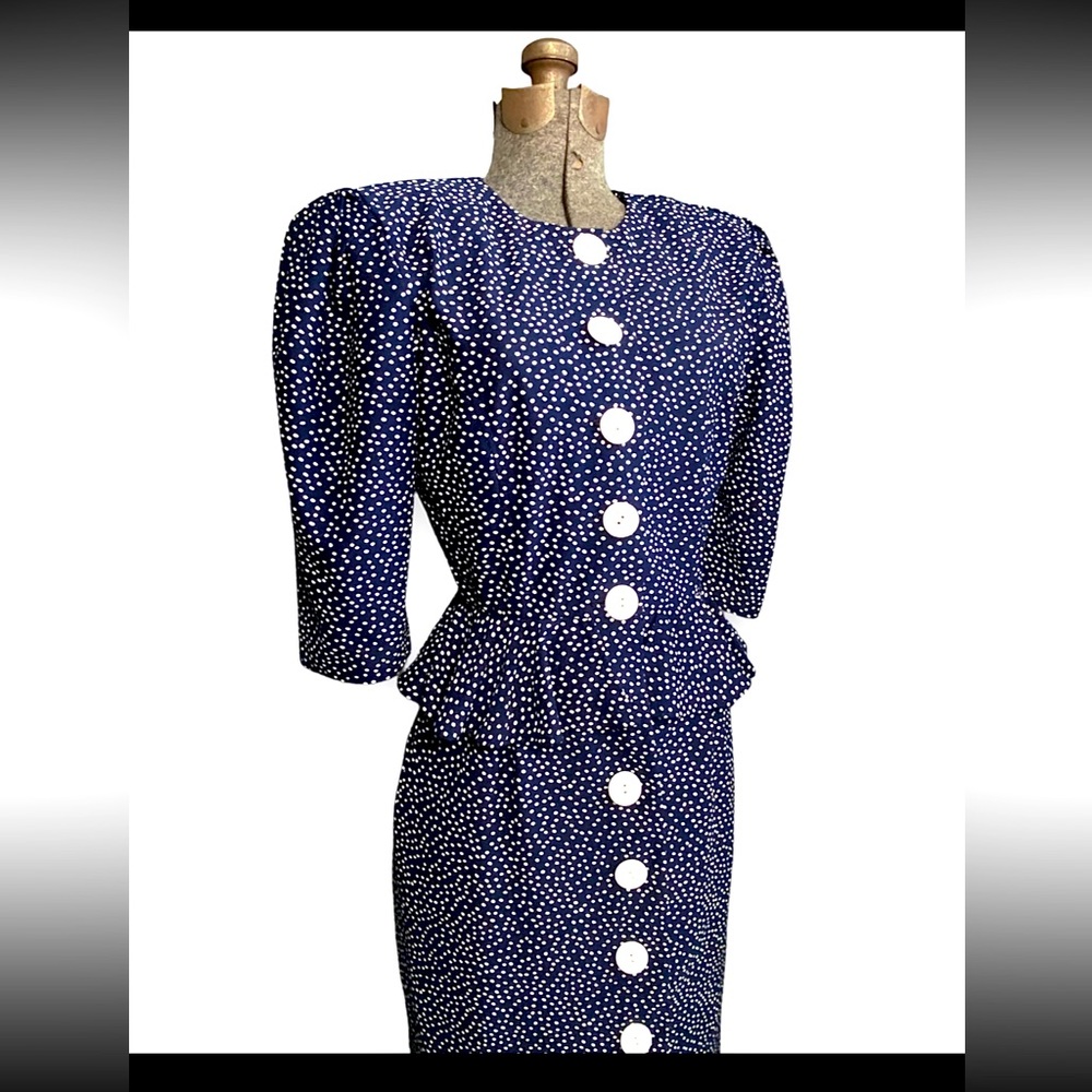 Vintage 80s Navy Blue Polka dot dress. 80s does 50s